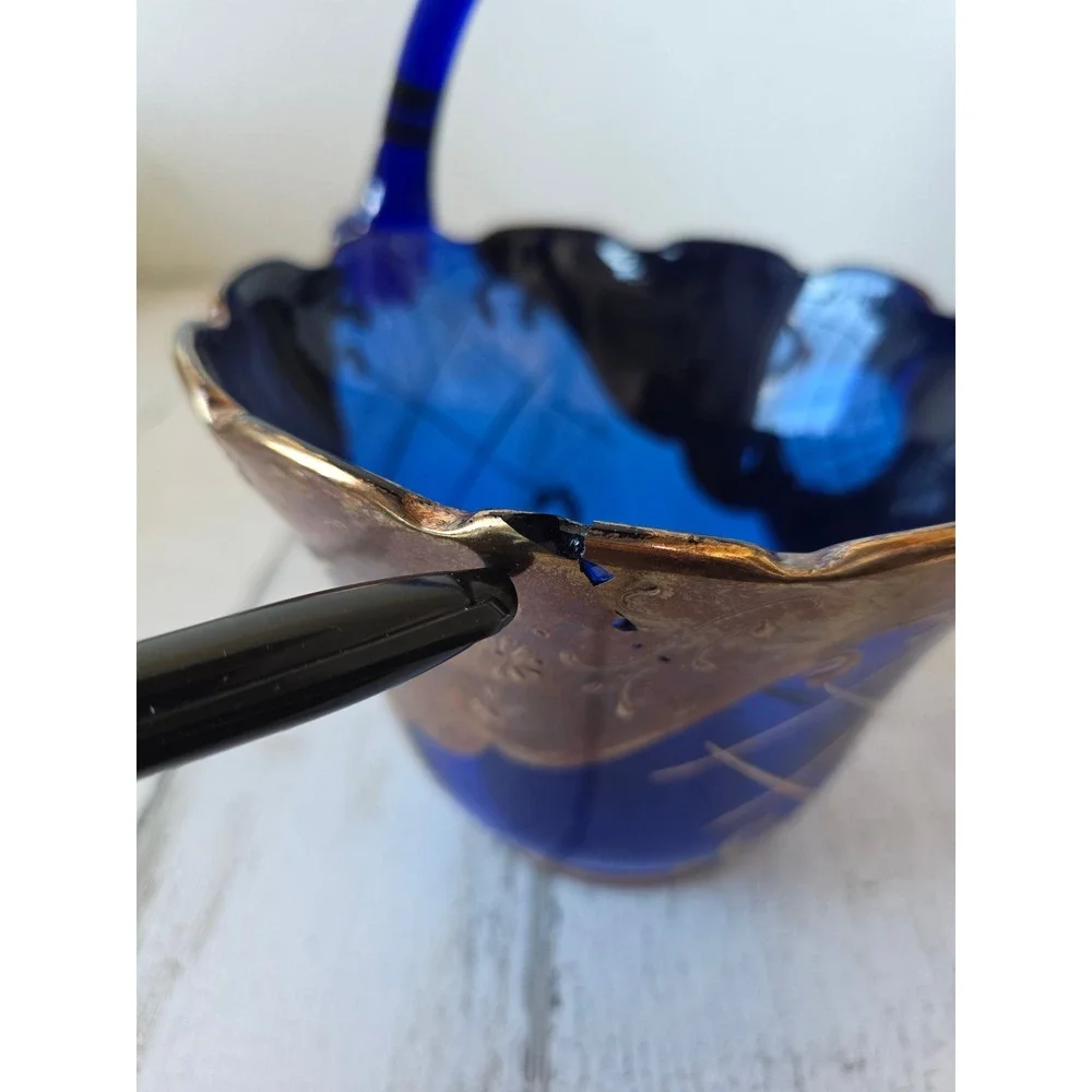 Vintage blue gold basket AS‎ IS bohemian cobalt decor glass
